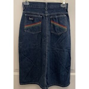 Vintage 80s Touché Denim A-line Skirt Rainbow Embroidered Back Pockets Size 9